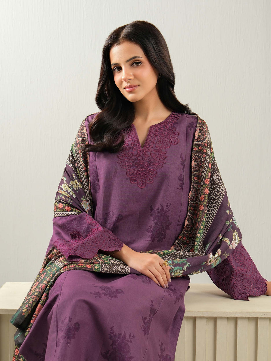 Plum Khaddar 3-Piece Suit | Resham Embroidered Neckline
