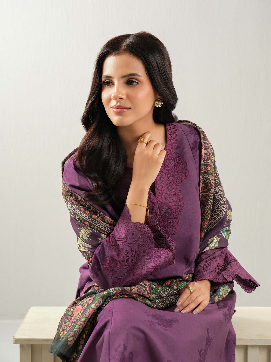 Plum Khaddar 3-Piece Suit | Resham Embroidered Neckline