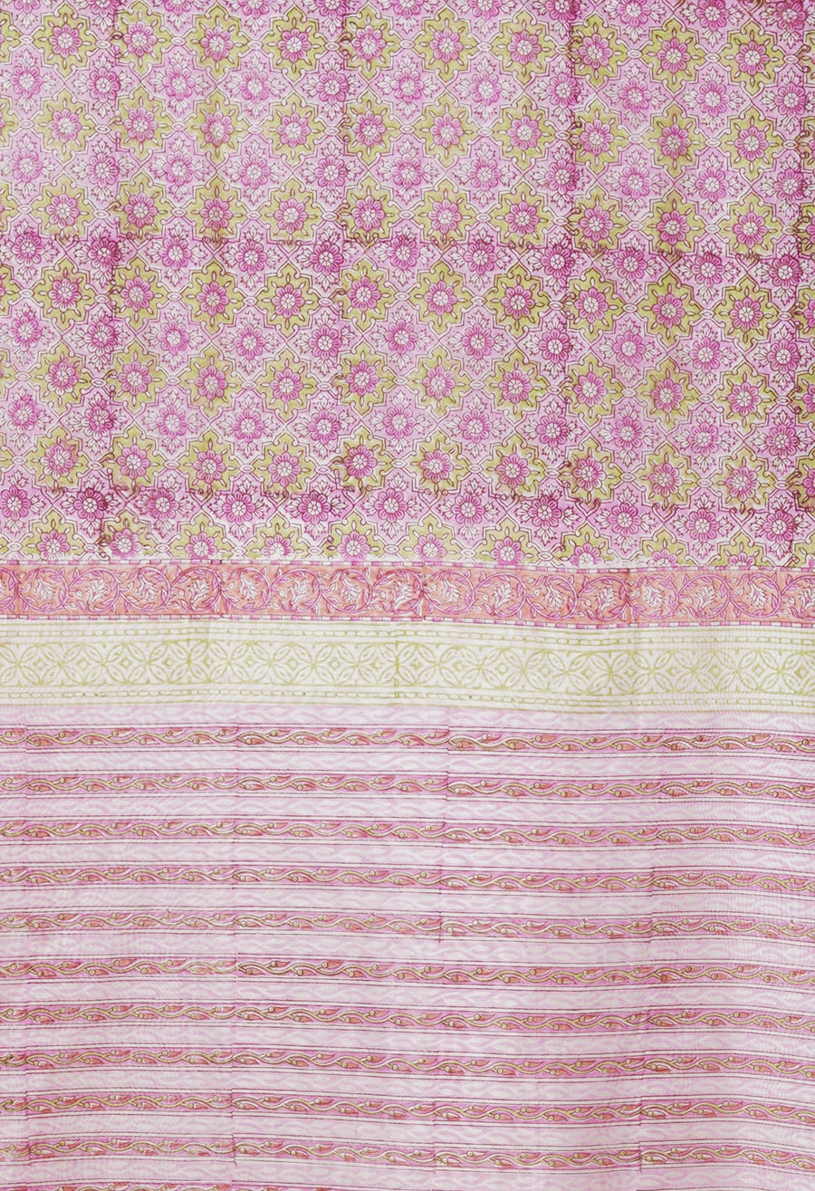Pastel Pink Pure Hand Block Printed Chanderi Sico Saree-UNM77951 - Pehnaawaa