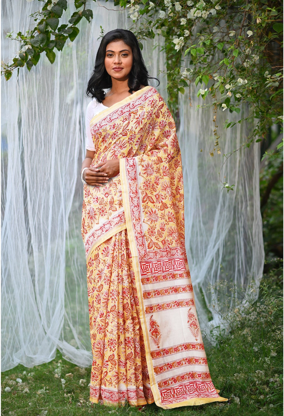 Pastel Orange Pure Hand Block Printed Chanderi Sico Saree-UNM77955