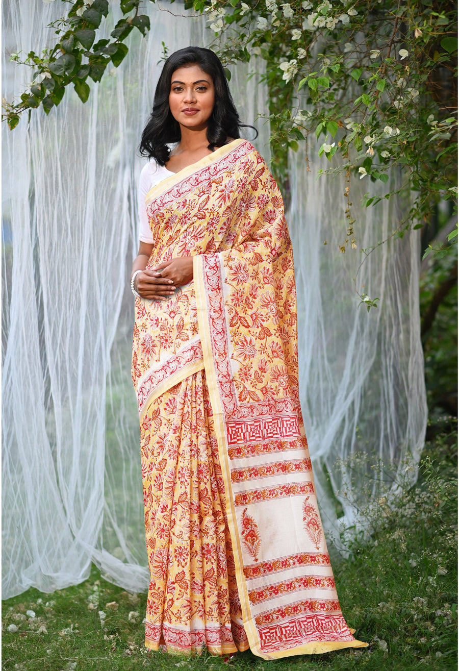 Pastel Orange Pure Hand Block Printed Chanderi Sico Saree-UNM77955 - Pehnaawaa