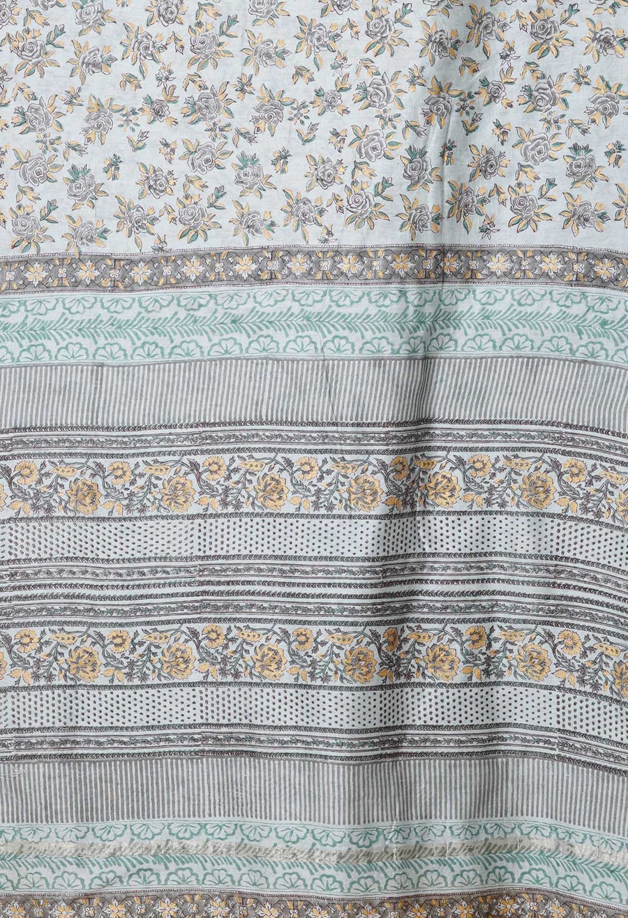 Grey Pure Hand Block Printed Chanderi Sico Saree-UNM79360 - Pehnaawaa