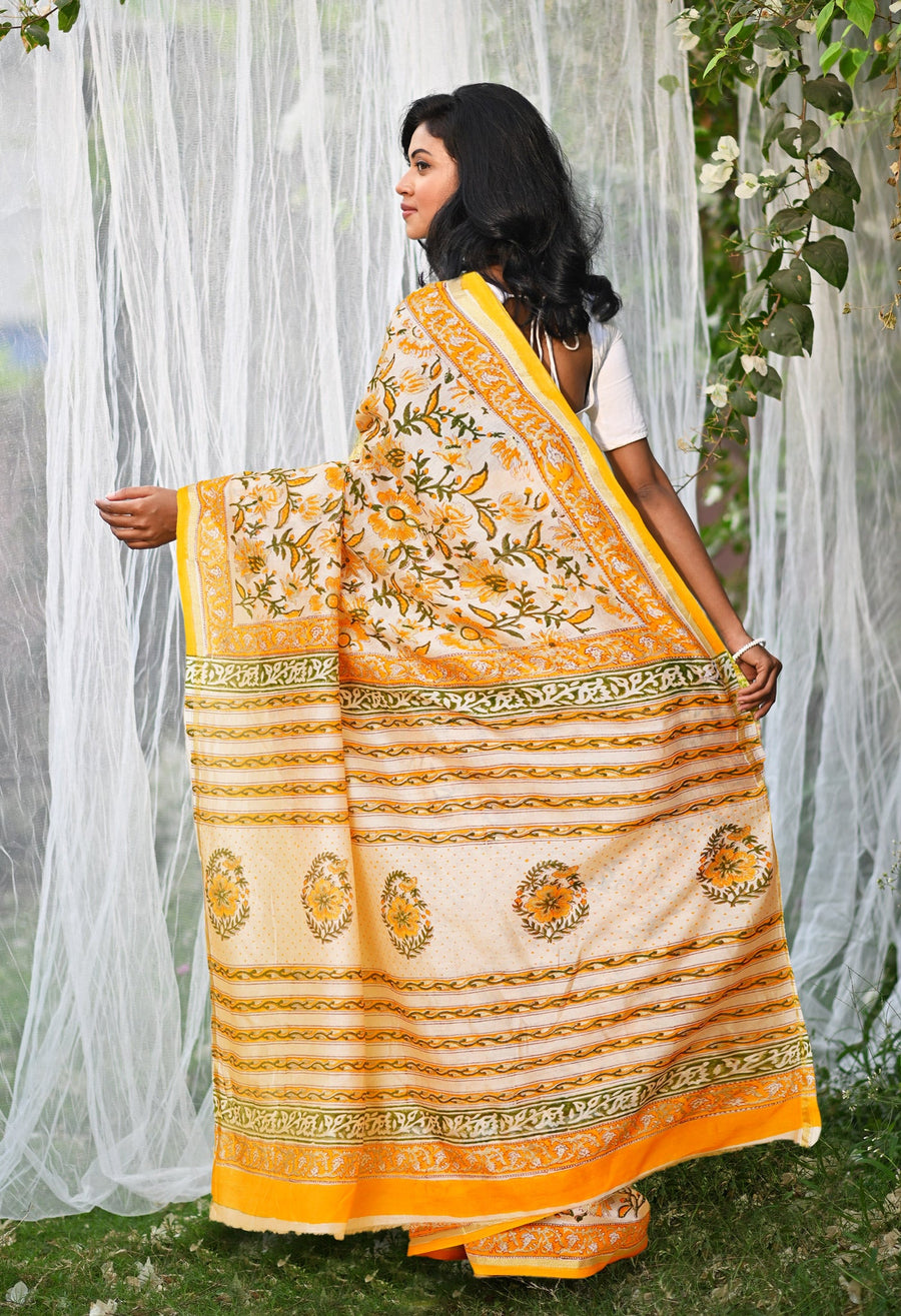 Orange Pure Hand Block Printed Chanderi Sico Saree-UNM79365 - Pehnaawaa