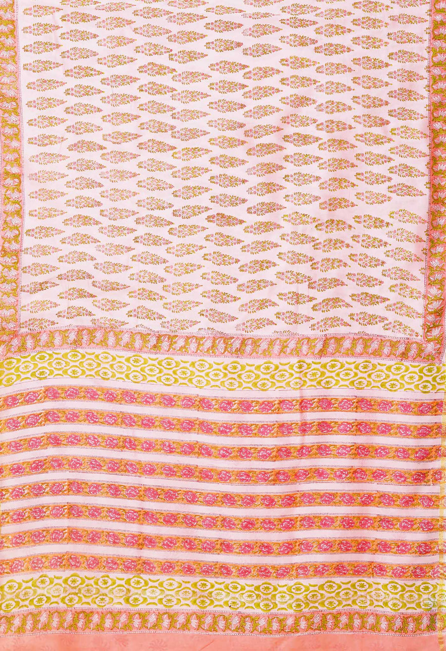 Pink Pure Hand Block Printed Chanderi Sico Saree-UNM79375 - Pehnaawaa