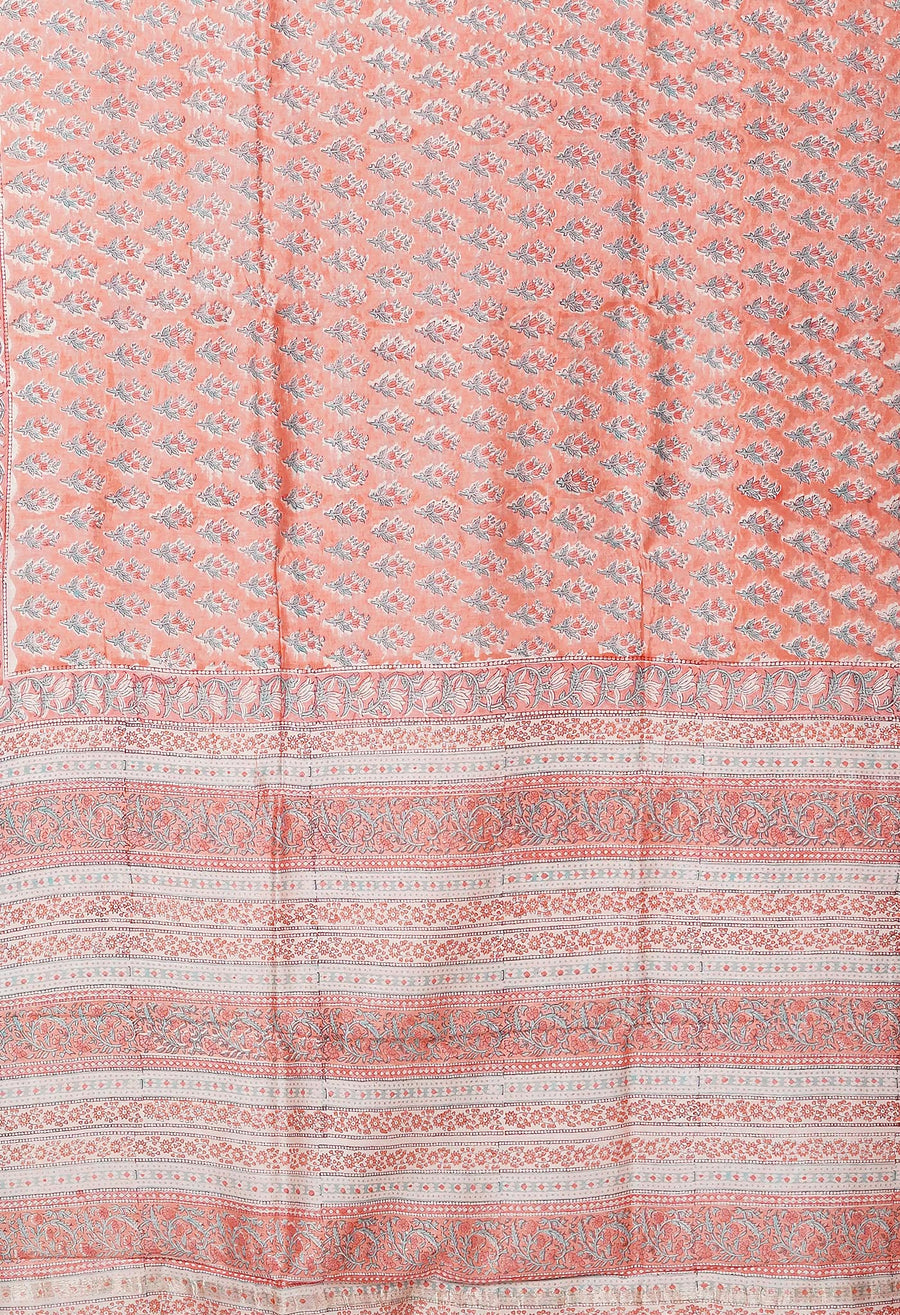 Coral Pink Pure Hand Block Printed Chanderi Sico Saree-UNM81644 - Pehnaawaa