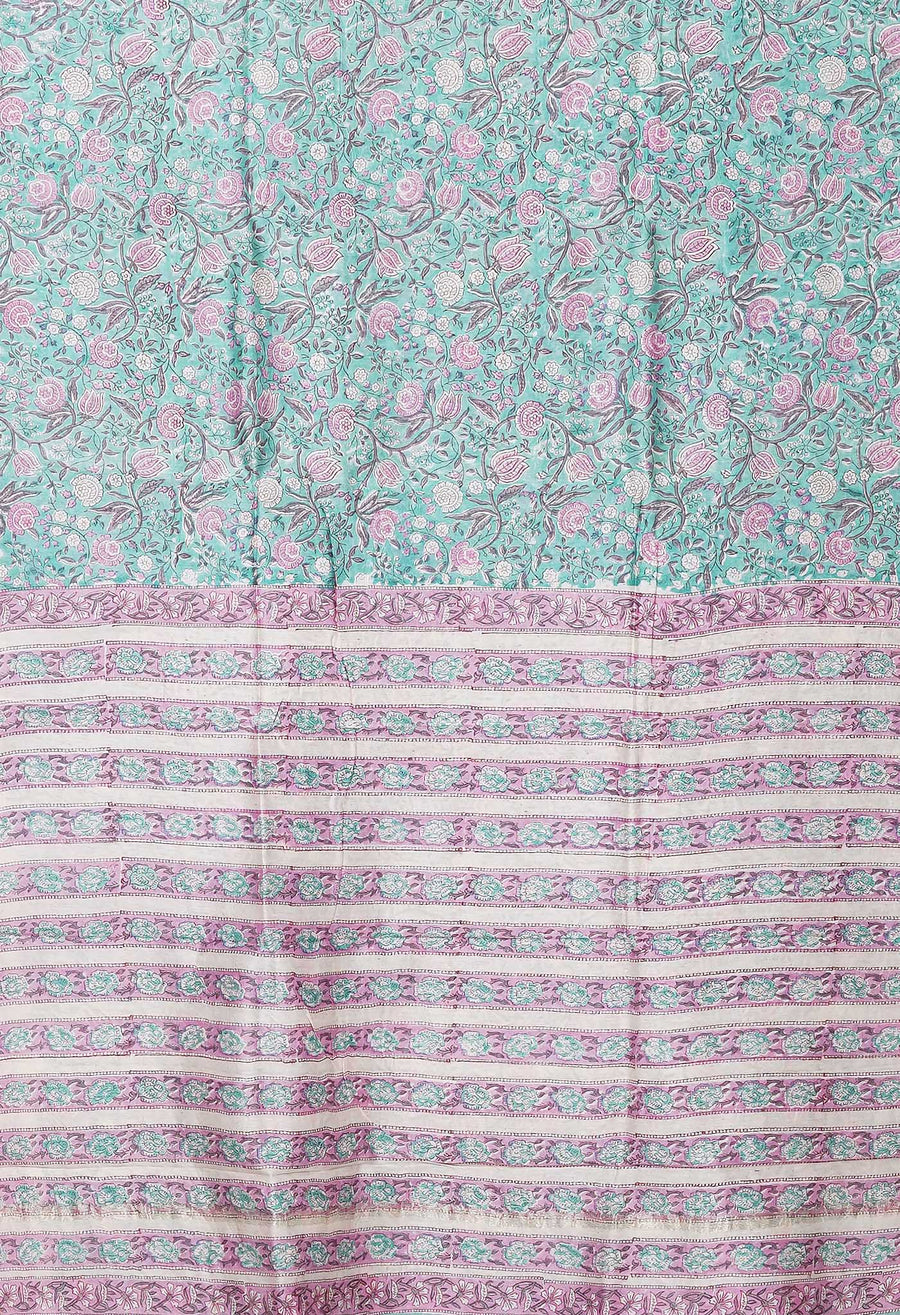 Turquoise Green Pure Hand Block Printed Chanderi Sico Saree-UNM81645 - Pehnaawaa