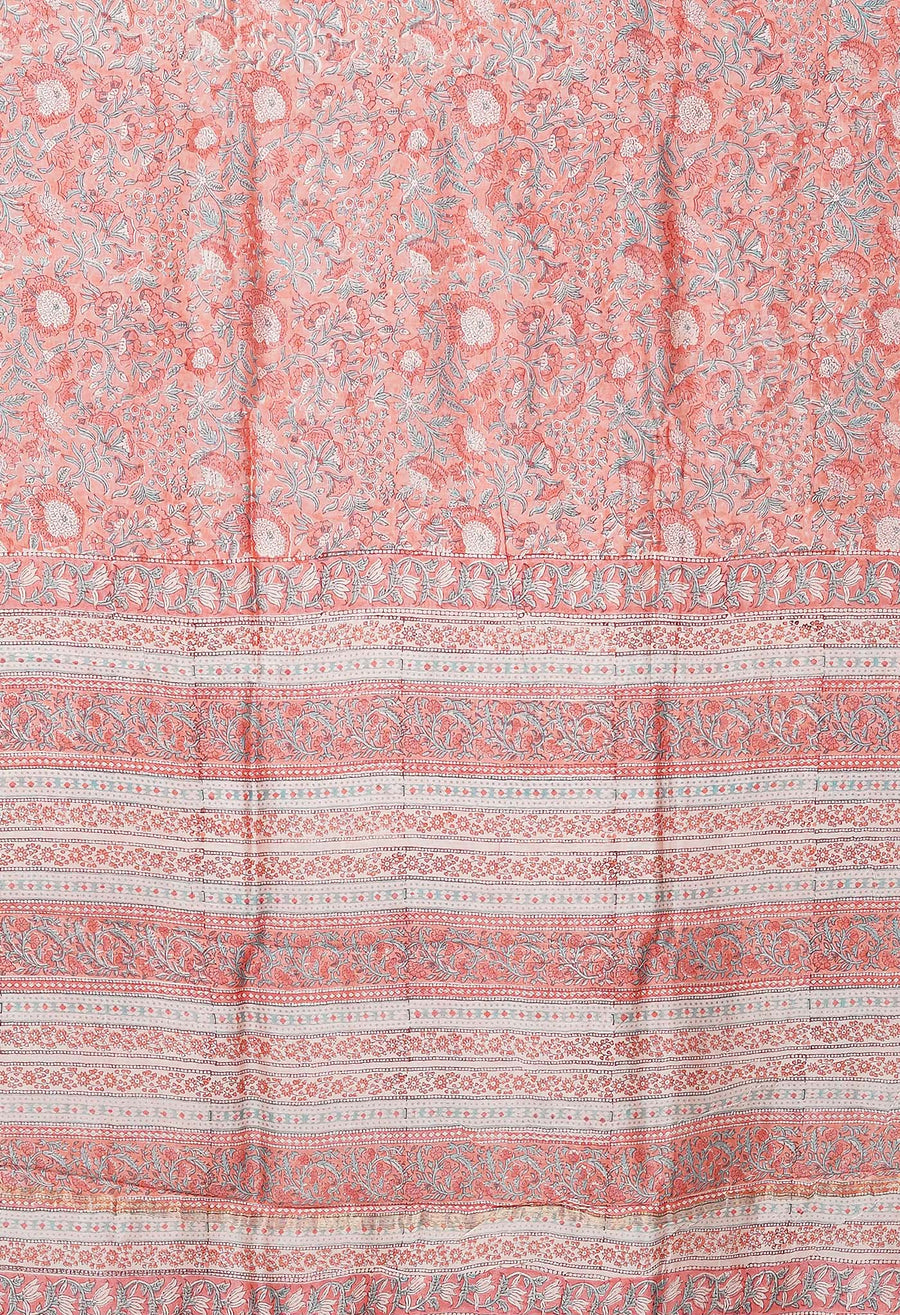 Coral Pink Pure Hand Block Printed Chanderi Sico Saree-UNM81646 - Pehnaawaa