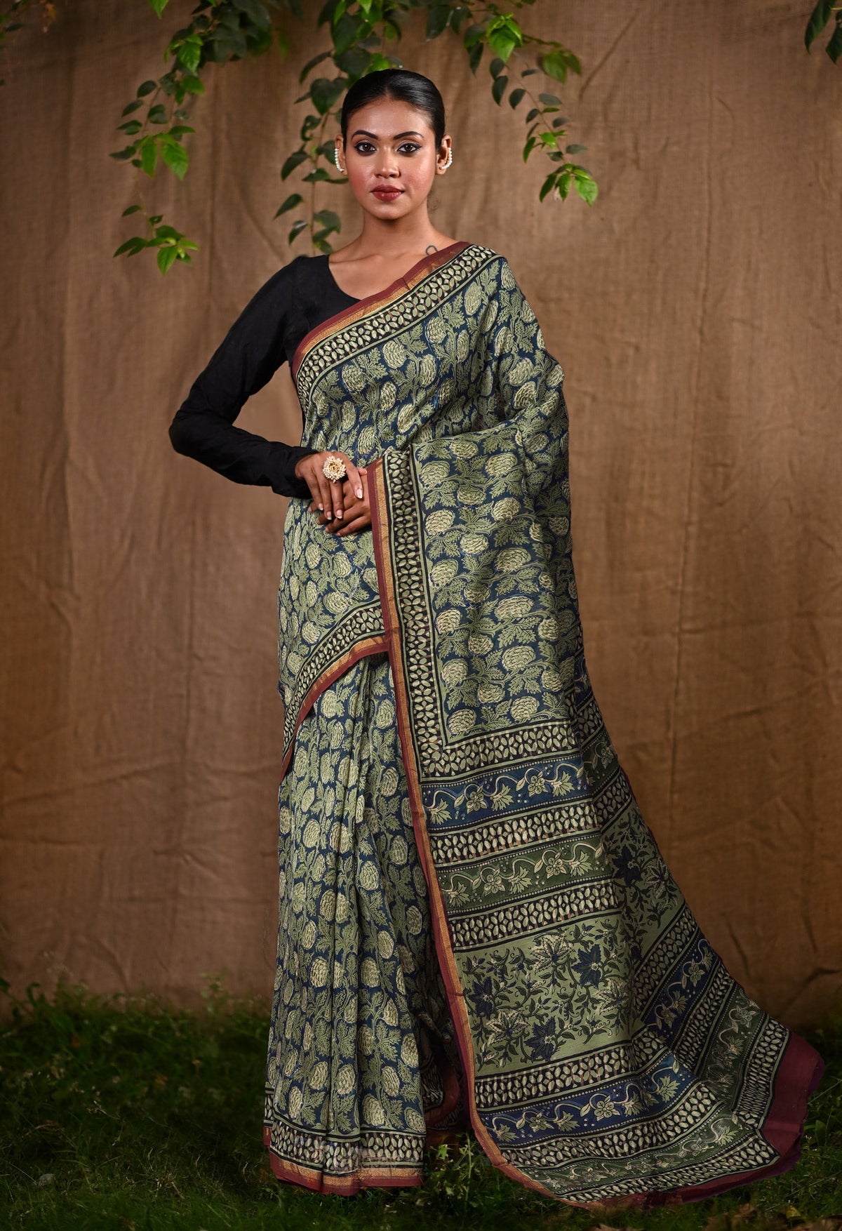 Blue Pure Bagru Block Printed Chanderi Sico Saree-UNM82638