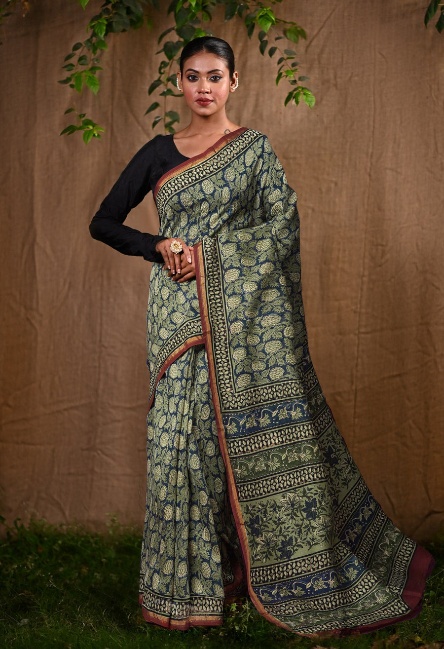 Blue Pure Bagru Block Printed Chanderi Sico Saree-UNM82638 - Pehnaawaa