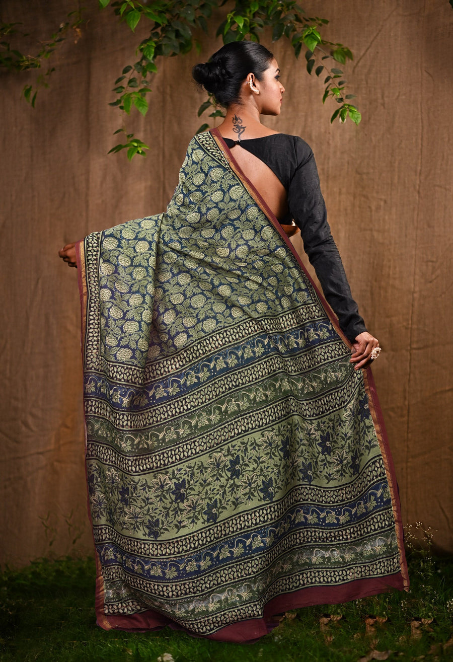 Blue Pure Bagru Block Printed Chanderi Sico Saree-UNM82638 - Pehnaawaa