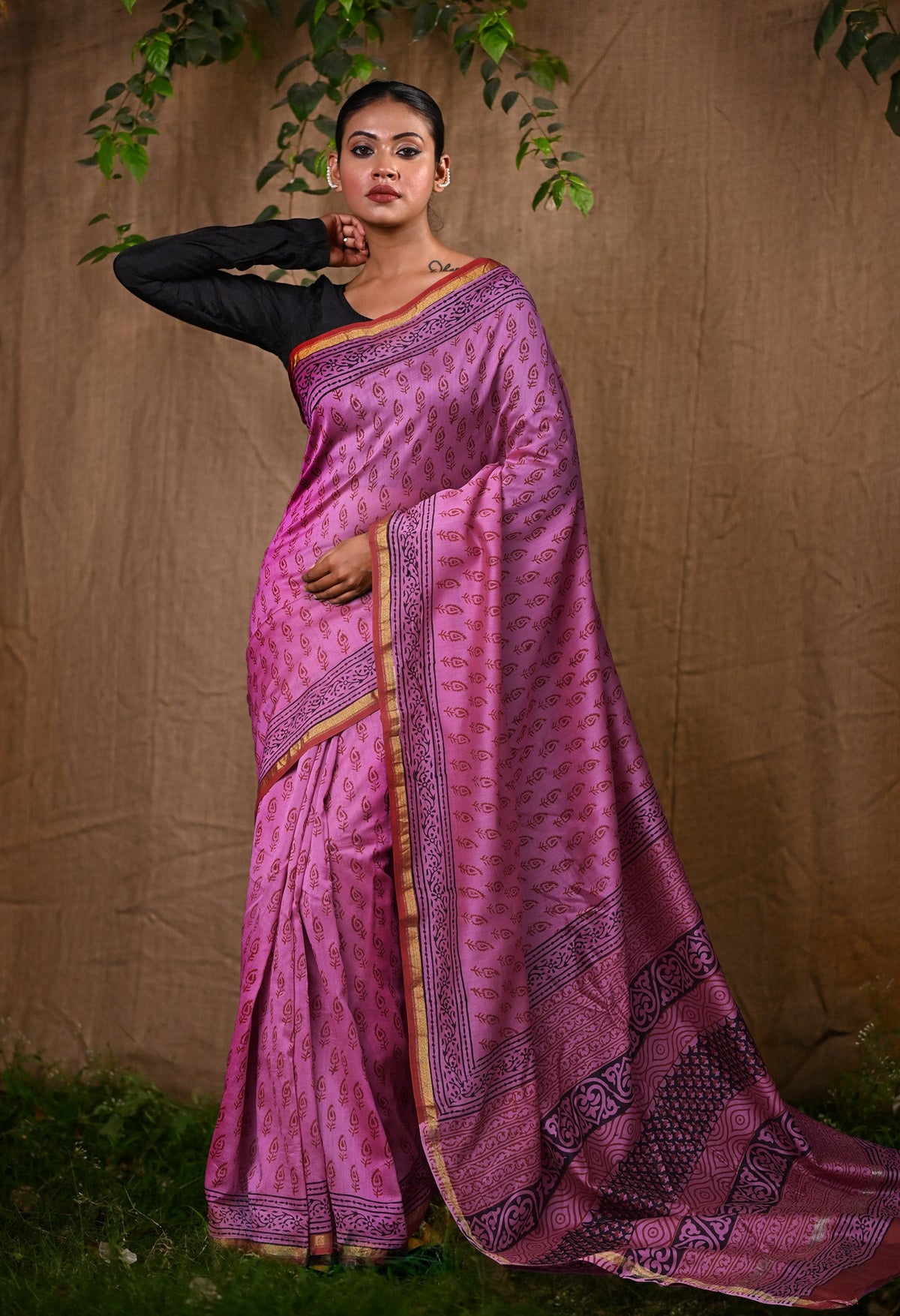 Pink Pure Bagru Block Printed Chanderi Sico Saree-UNM82640