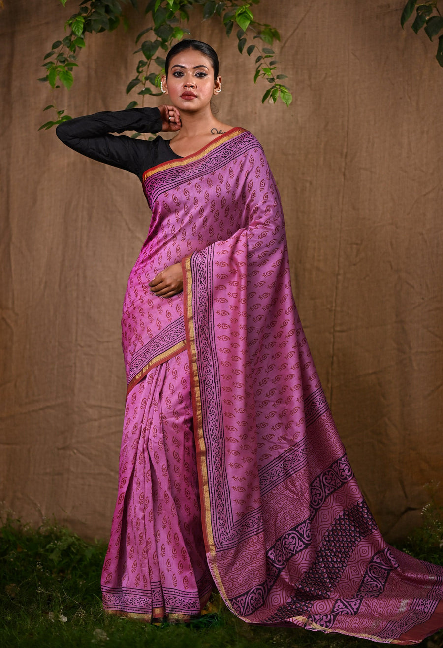 Pink Pure Bagru Block Printed Chanderi Sico Saree-UNM82640 - Pehnaawaa