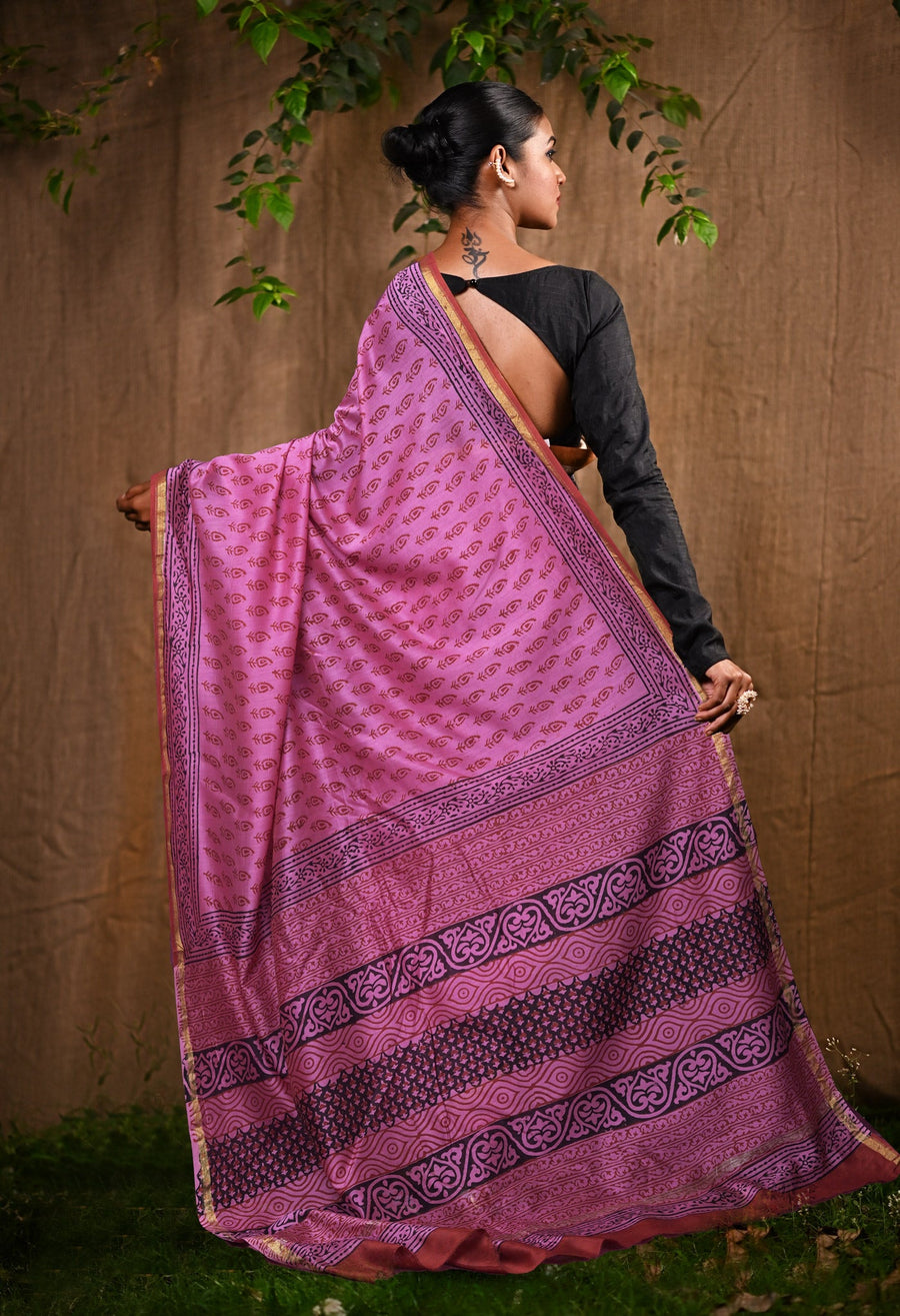 Pink Pure Bagru Block Printed Chanderi Sico Saree-UNM82640 - Pehnaawaa