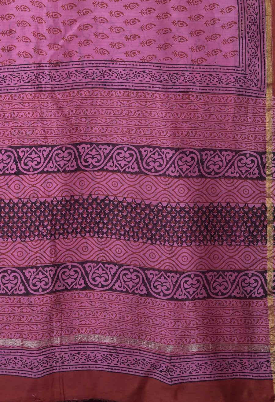 Pink Pure Bagru Block Printed Chanderi Sico Saree-UNM82640 - Pehnaawaa