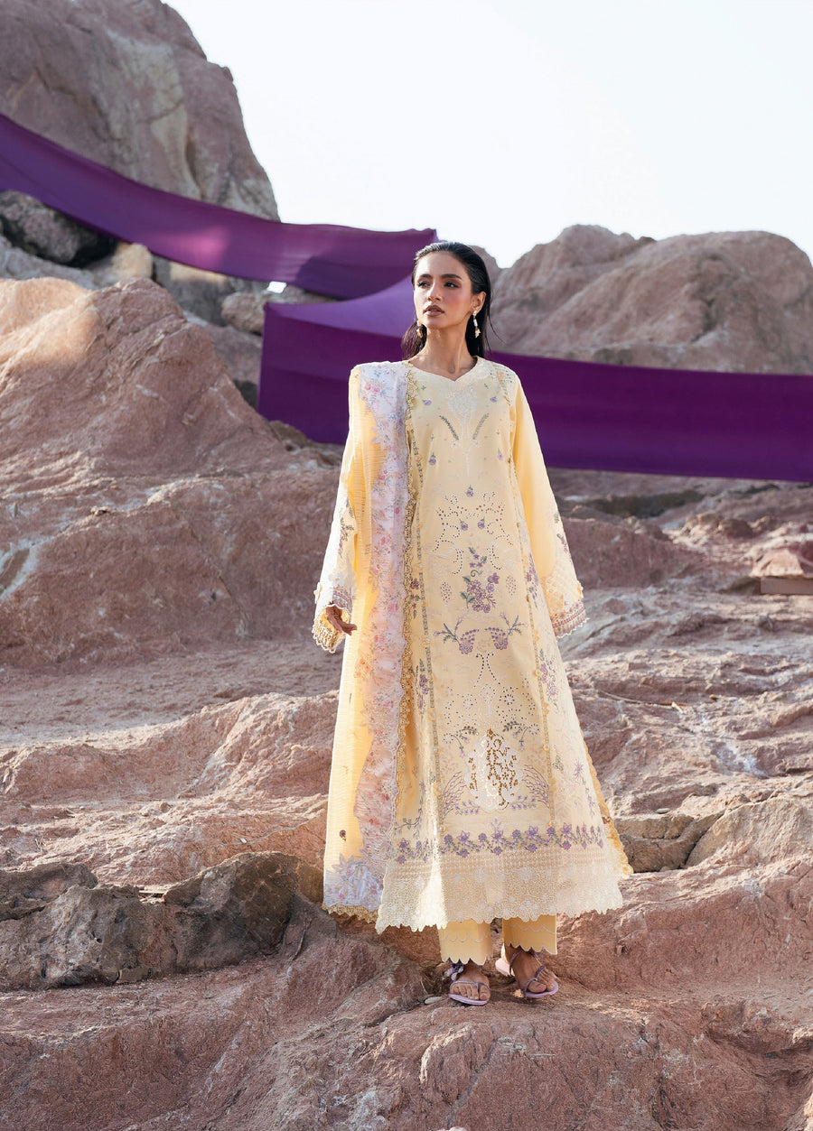 Woman wearing pastel yellow embroidered three-piece suit with floral design standing on rocky terrain with purple fabric in background