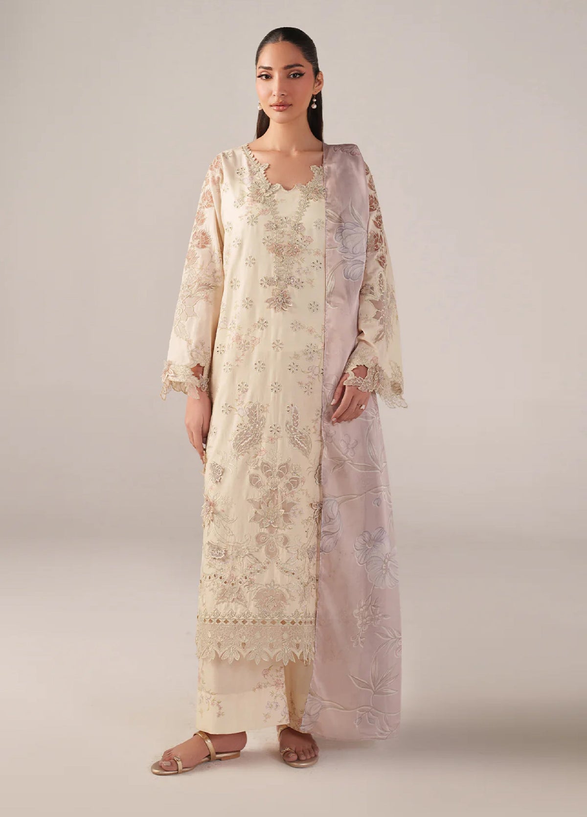 Cream Lawn Three-Piece Set | 3-Piece Floral Embroidery