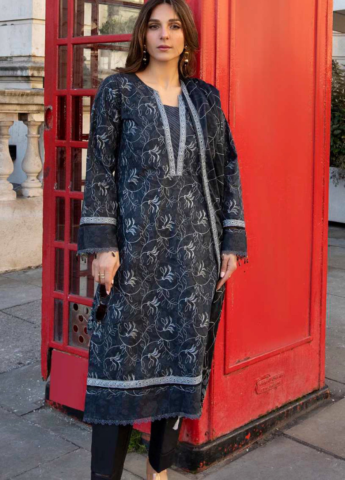 Charcoal Lawn Three-Piece Set | 3-Piece Floral Embroidery