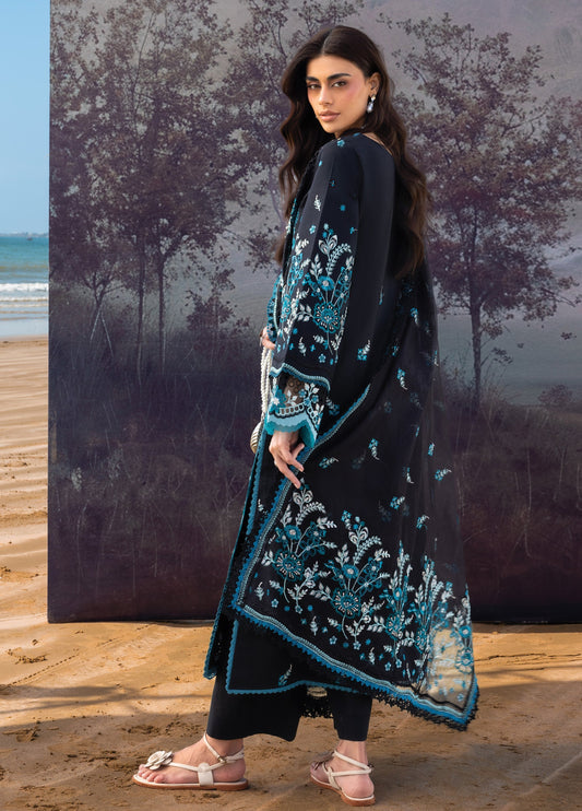 Side view of a woman in a black embroidered outfit showing detailed sleeve embroidery and sheer dupatta draped gracefully