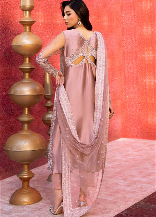 Back view of a woman in a blush pink satin silk embroidered suit showcasing a detailed crisscross cutout back design and sheer dupatta with embroidery