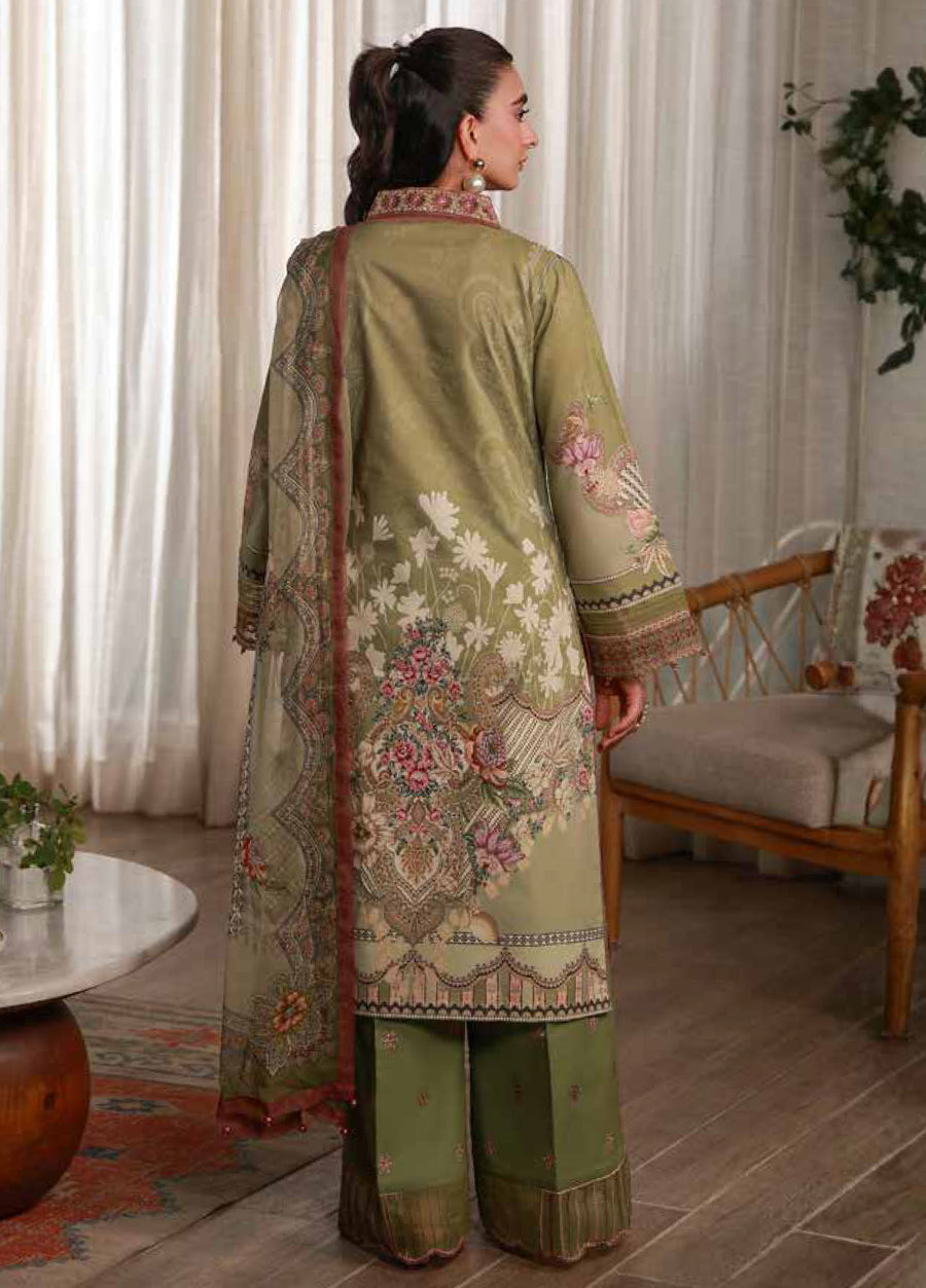 Back view of the olive green embroidered lawn suit showcasing detailed floral embroidery and the matching printed chiffon dupatta draped over the shoulder.