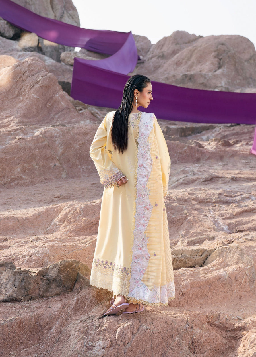 Back view of woman in pastel yellow embroidered suit showing detailed embroidery and floral scalloped dupatta with rocky landscape background