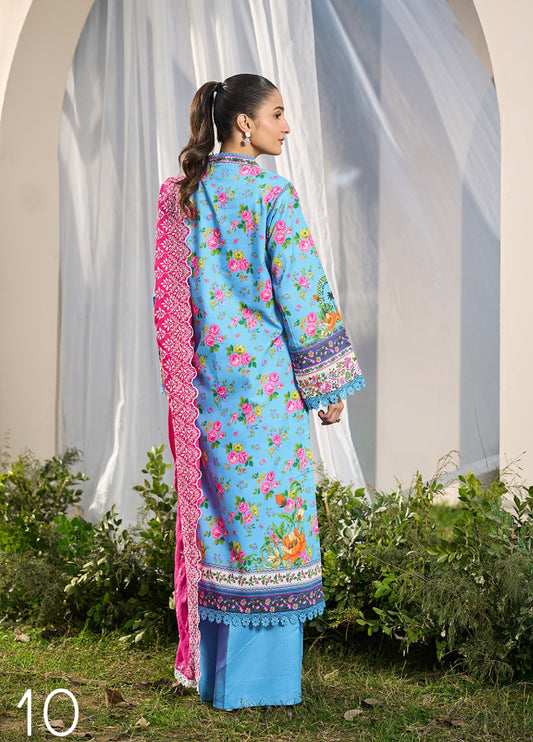 Back view of woman wearing sky-blue floral printed lawn shirt with blue lace trim and bright fuchsia embroidered dupatta draped over shoulder
