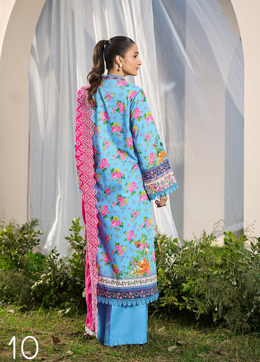 Back view of woman wearing sky-blue floral printed lawn shirt with blue lace trim and bright fuchsia embroidered dupatta draped over shoulder