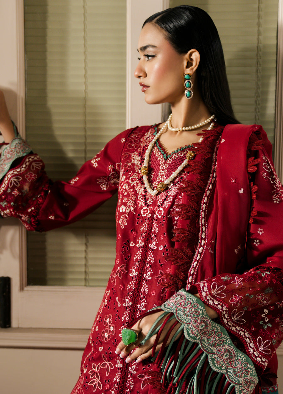 Close-up side view of woman wearing red embroidered suit detailing intricate sleeve design and delicate jewelry accessories