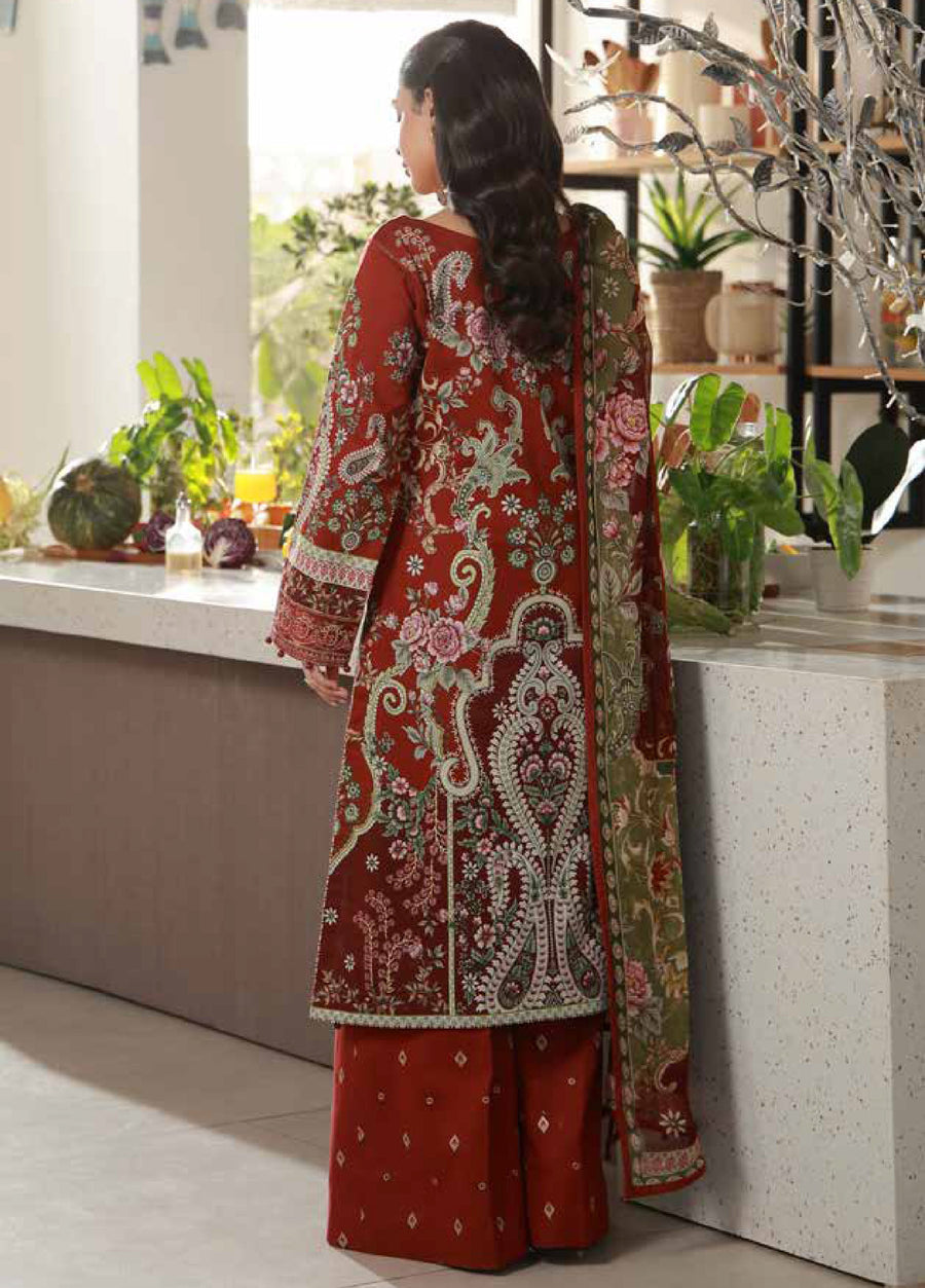 Back view displaying the full embroidery design of the maroon lawn kameez and floral printed dupatta draped over the shoulder