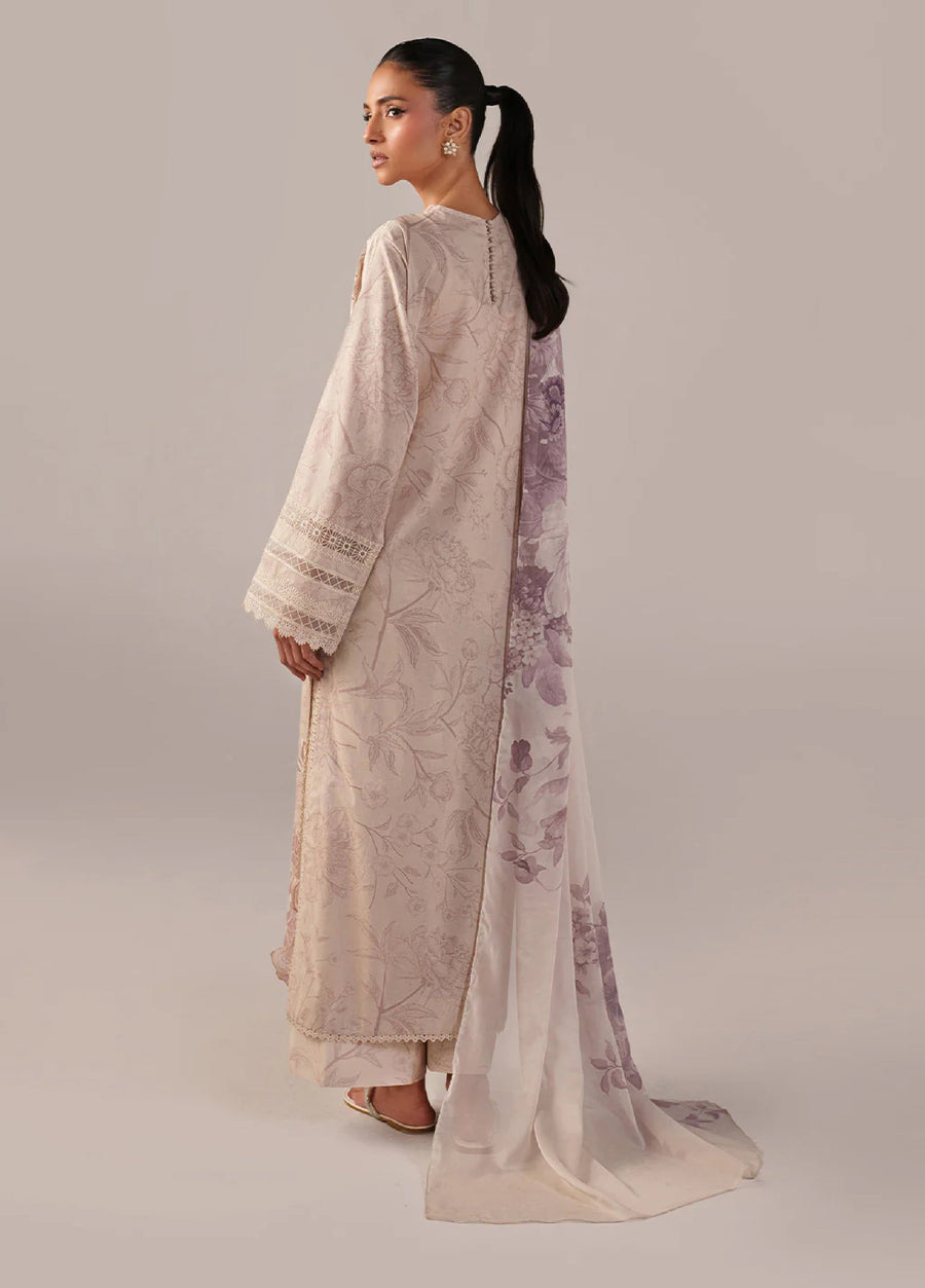 Back view of the beige embroidered lawn suit showing buttoned neckline and printed dupatta draped neatly