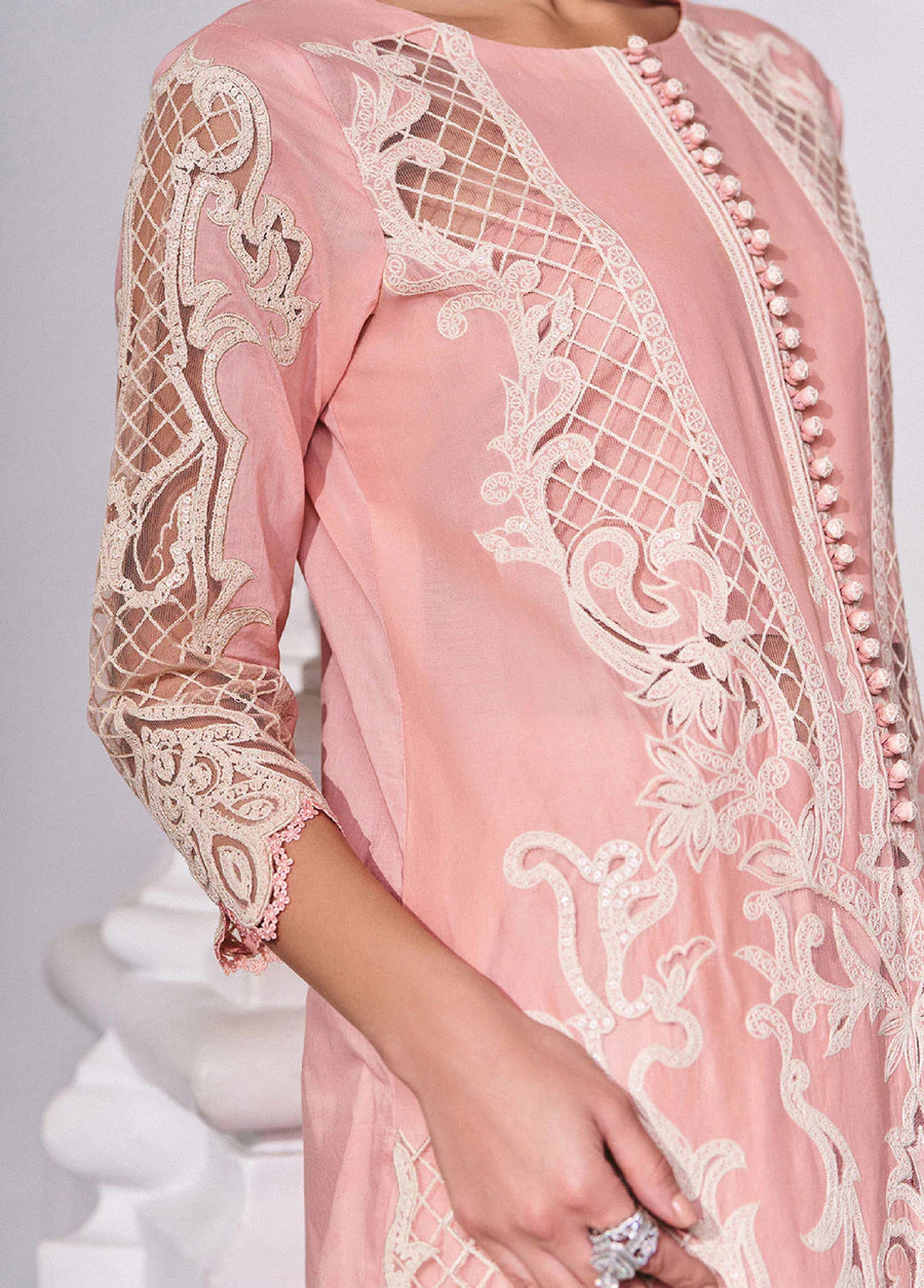 Detailed view of embroidered lace and net sleeves with floral and lattice patterns on a soft pink lawn fabric, highlighting craftsmanship.