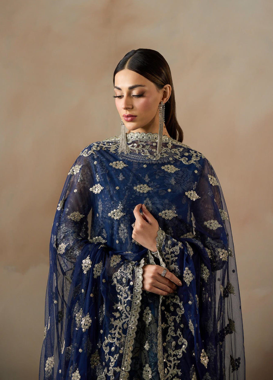 Close-up of a woman wearing a navy blue embroidered net dupatta with silver floral embroidery and lace detailing