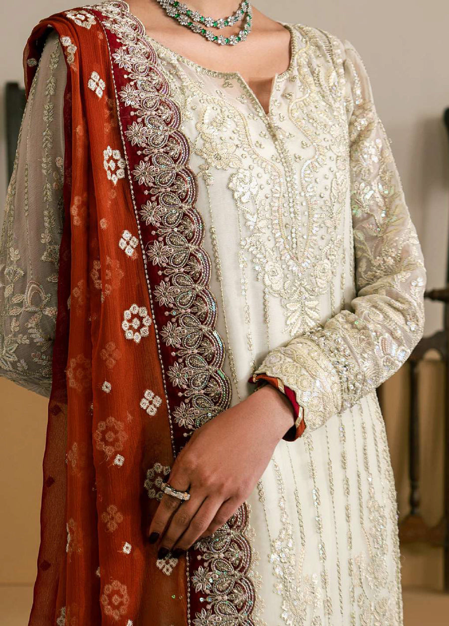 Detailed close-up of embroidered chiffon fabric on the shirt sleeve and neckline alongside ornate dupatta border with sequin embellishments