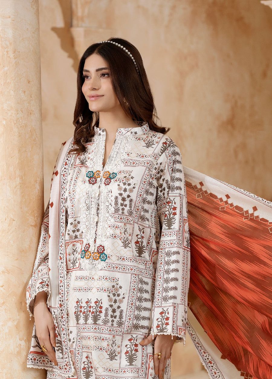 Close-up of woman wearing embroidered floral lawn suit with intricate neckline detailing, holding printed dupatta