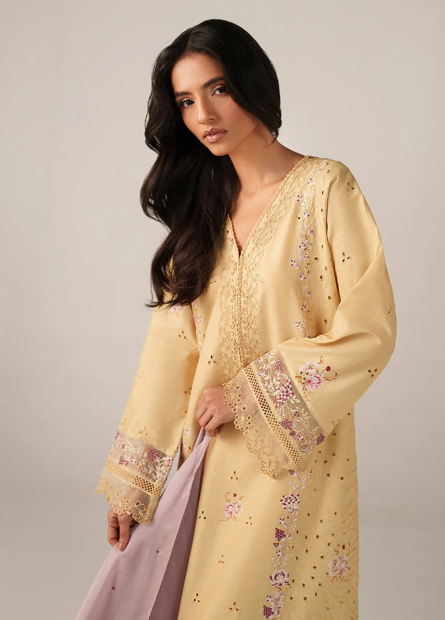 Close-up of woman wearing embroidered lawn suit showing V-neckline and intricate embroidery on shoulder and sleeves.