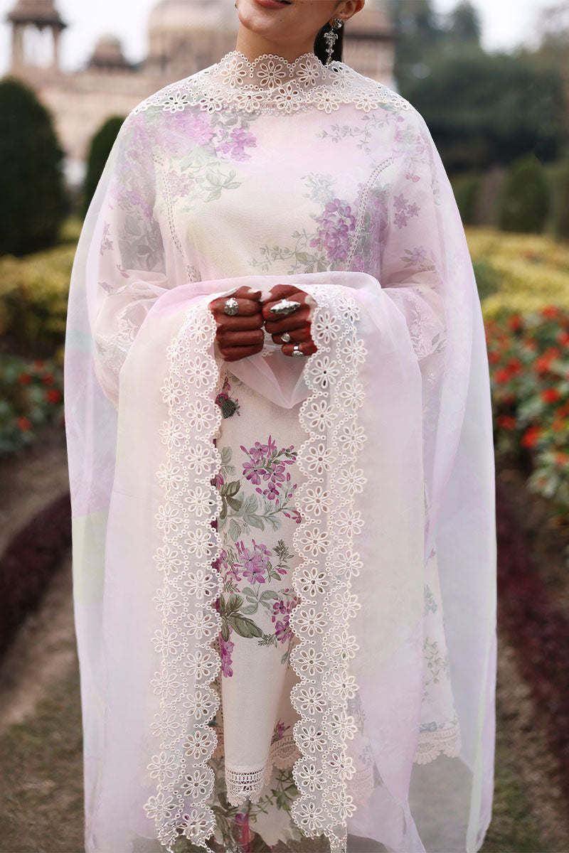 Closer view of sheer dupatta draped over the suit, highlighting embroidered floral lace edging and subtle pink gradient color.