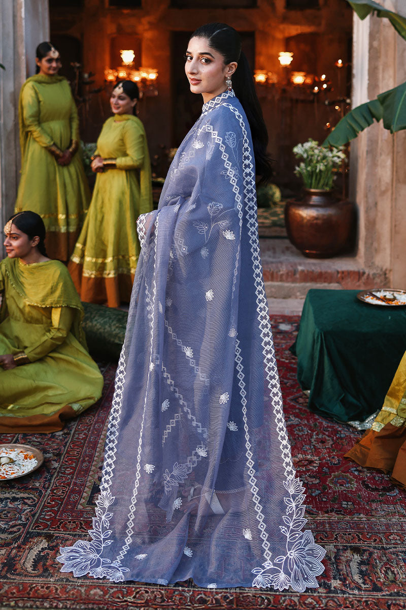 Side profile of woman in blue embroidered suit showcasing detailed embroidery on the net dupatta and shirt sleeves amidst a cultural scene