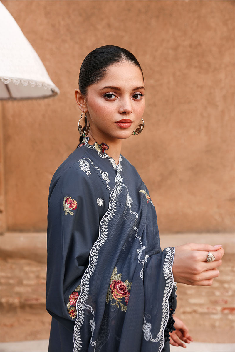 Close-up of woman’s upper body showing detailed floral embroidery on the kameez neckline and sleeves along with sheer embroidered dupatta