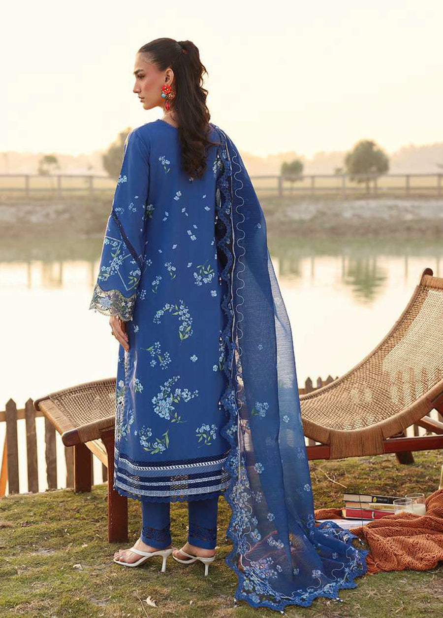 Back view of a woman wearing the blue embroidered lawn suit with a sheer, decorated dupatta draped over shoulders outdoors