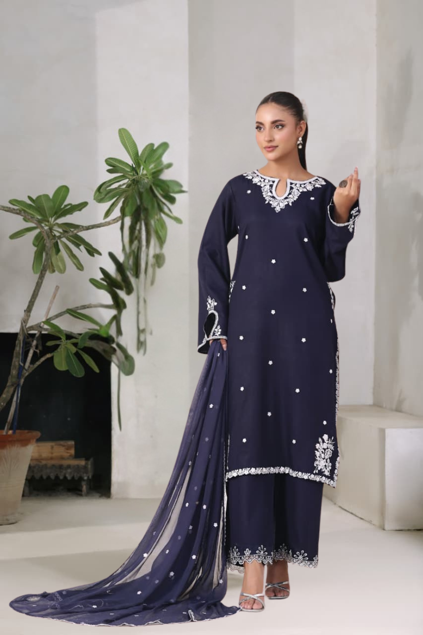 Navy Mist- 3 piece embroidered casual wear for women