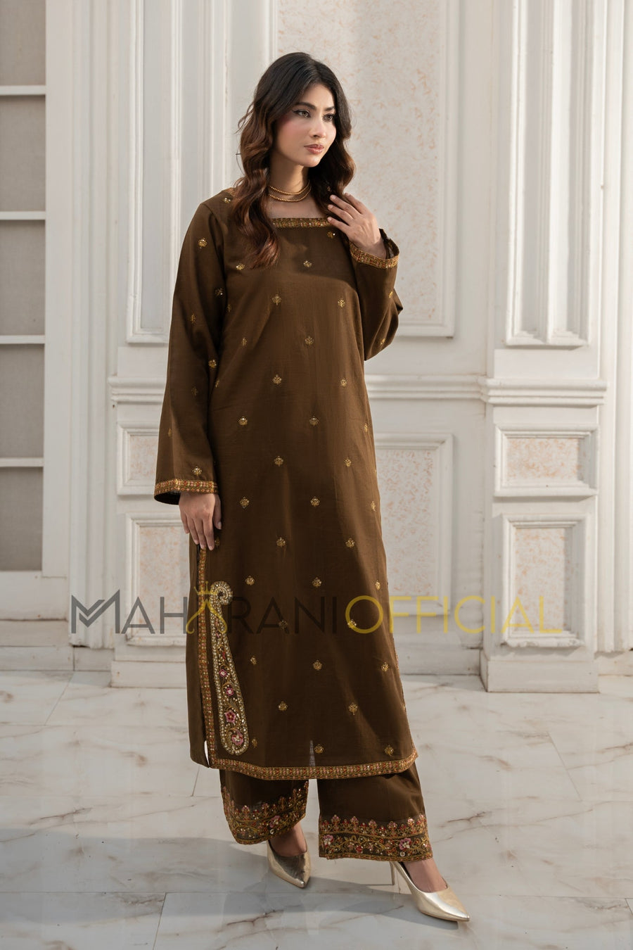 Tobacco Elegance  2 piece Khaddar Embroidered Stitched suit