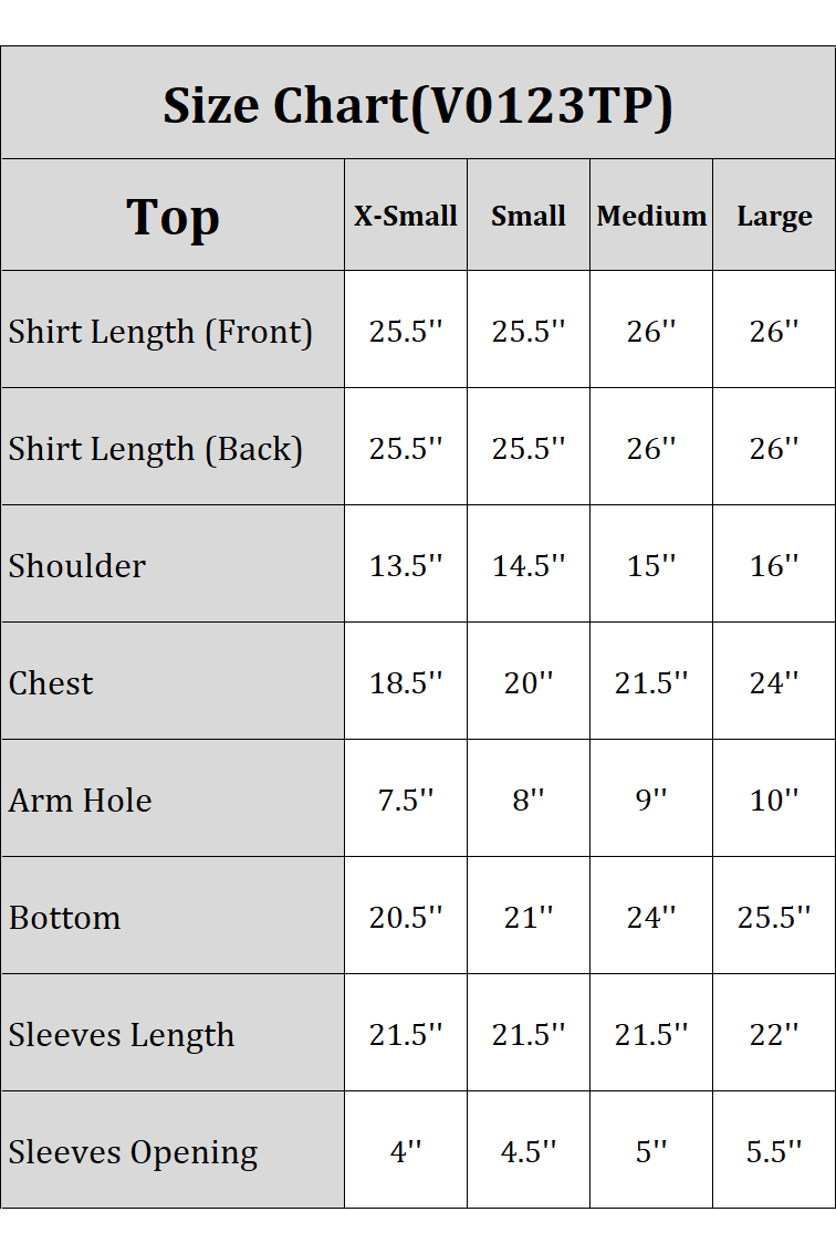 Size chart for embellished viscose top in sizes X-Small through Large