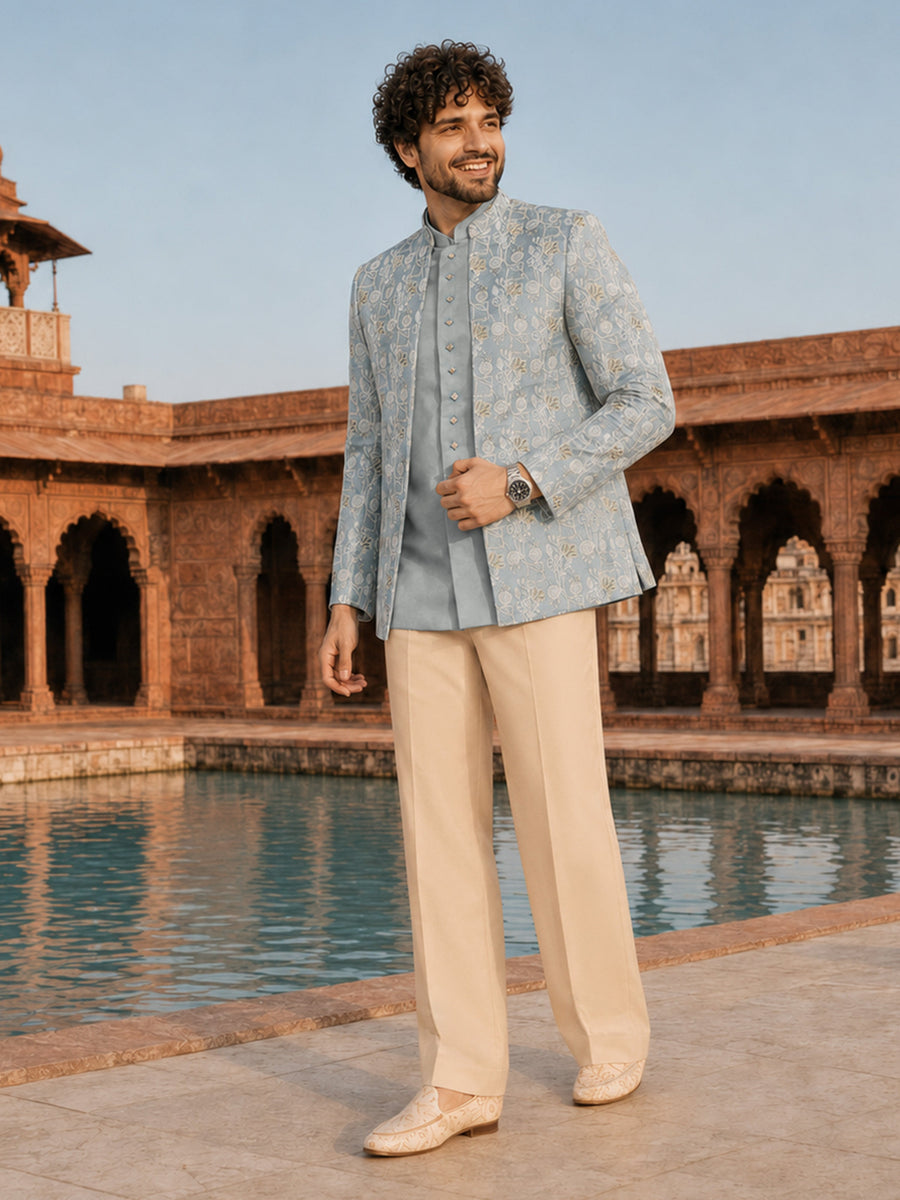 Men Aqua Embroidered Zari Work Waist Length Wide Leg Pant Sherwani Set