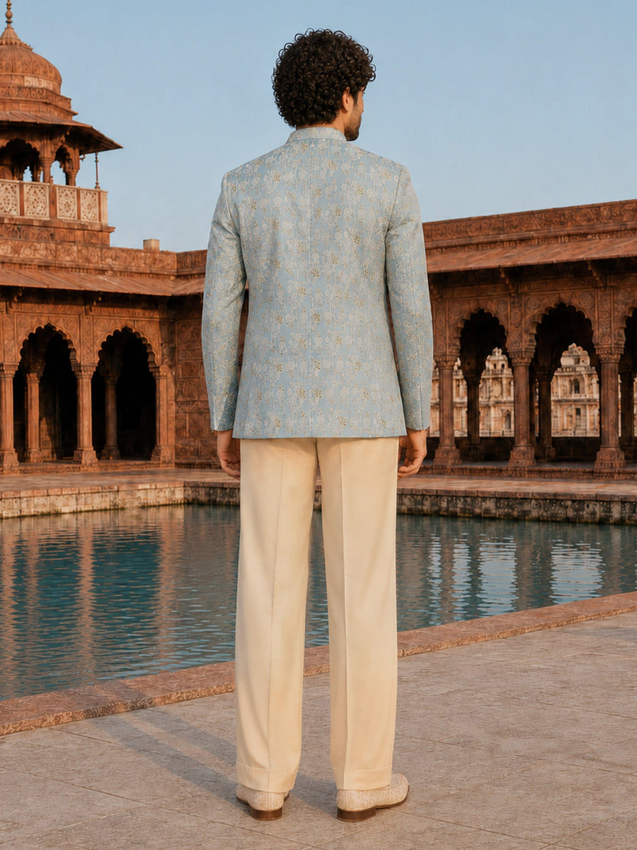 Men Aqua Embroidered Zari Work Waist Length Wide Leg Pant Sherwani Set