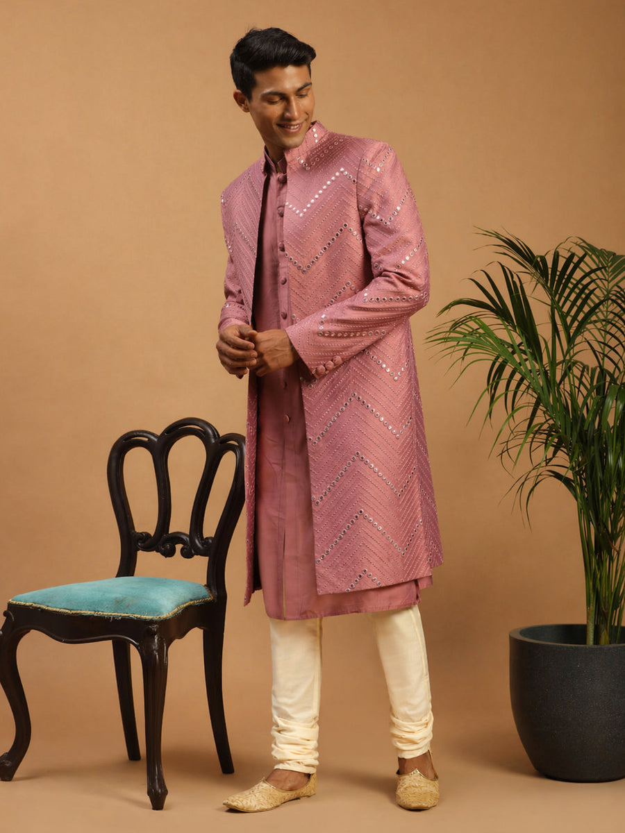 Men Onion Pink Mirror Work Silk Blend Indo-Western Kurta with Cream Churidar Set