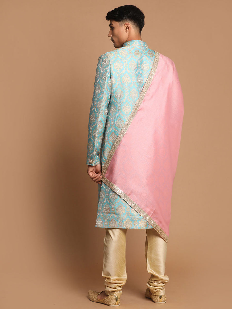 Men's Sea Green And Gold Brocade Jacquard Sherwani Set With Pink Dupatta