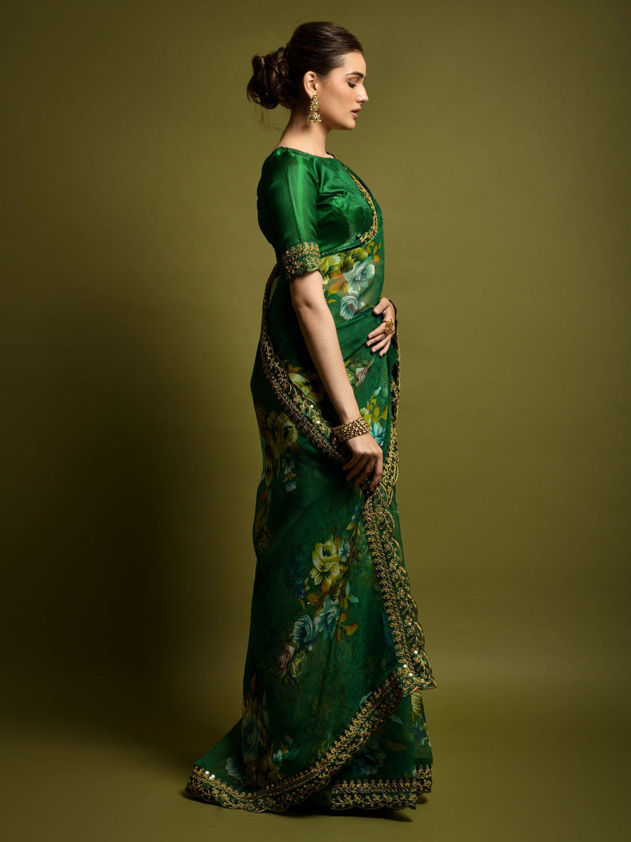 Georgette Chiffon With Flower Print With Embroidered Foil Work Saree - Pehnaawaa