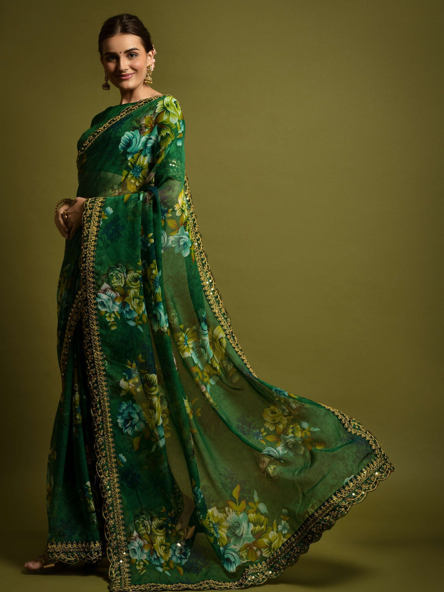 Georgette Chiffon With Flower Print With Embroidered Foil Work Saree - Pehnaawaa