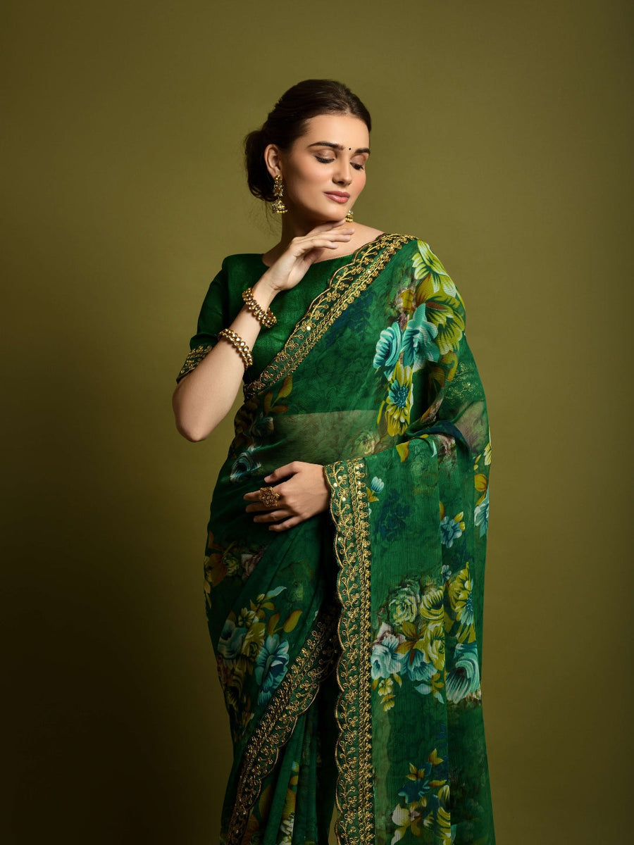 Georgette Chiffon With Flower Print With Embroidered Foil Work Saree - Pehnaawaa