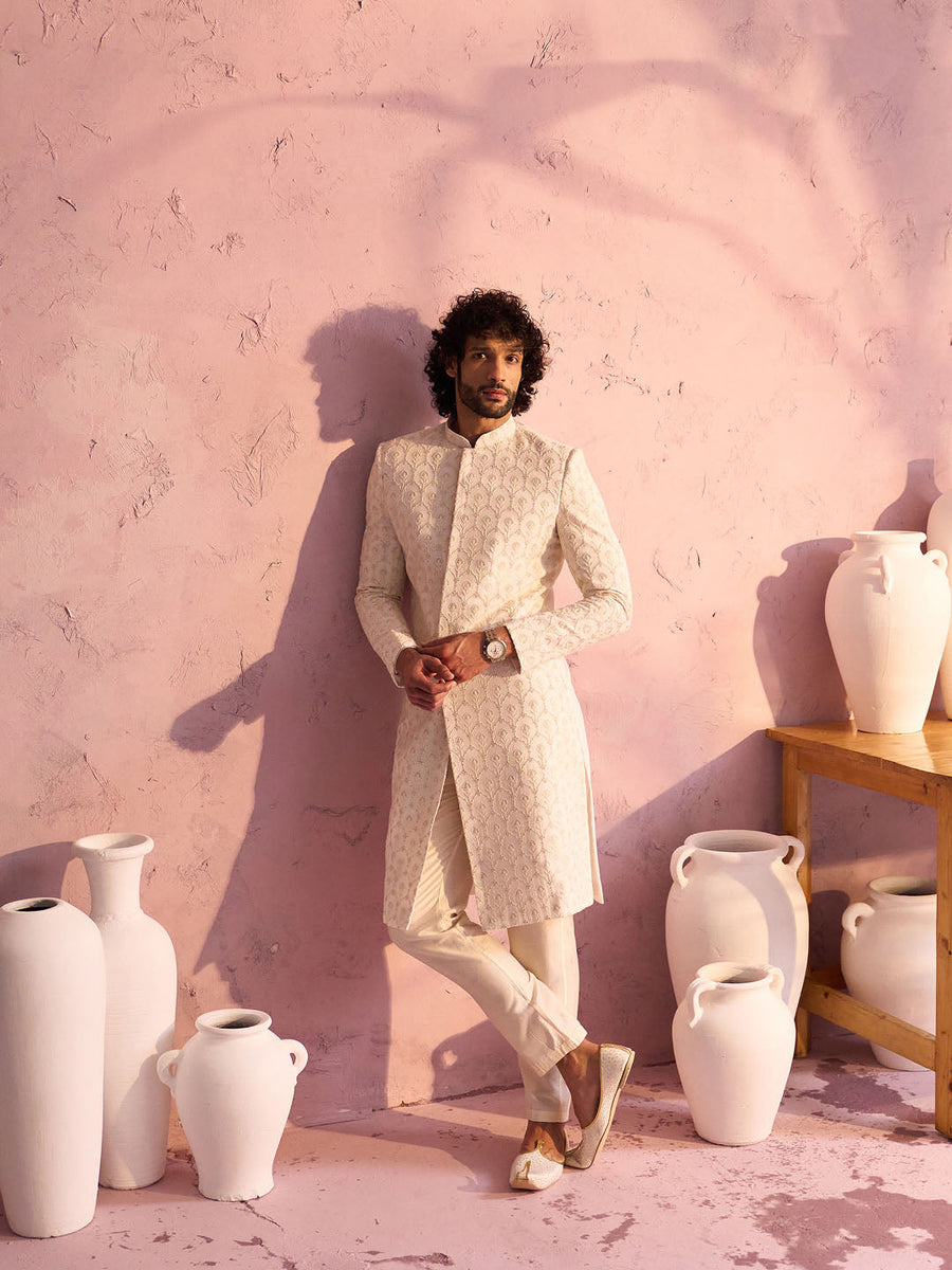 Men's Cream Georgette Embellished Indo Western Set
